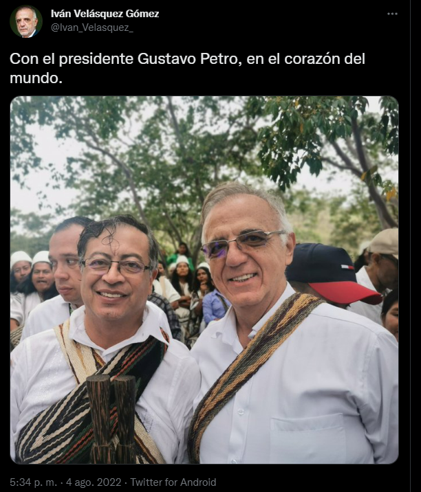 A través de su cuenta deTwitter, Iván Velásquez compartió una foto junto con el presidente electo, Gustavo Petro.
FOTO: vía Twitter (@Ivan_Velasquez_)