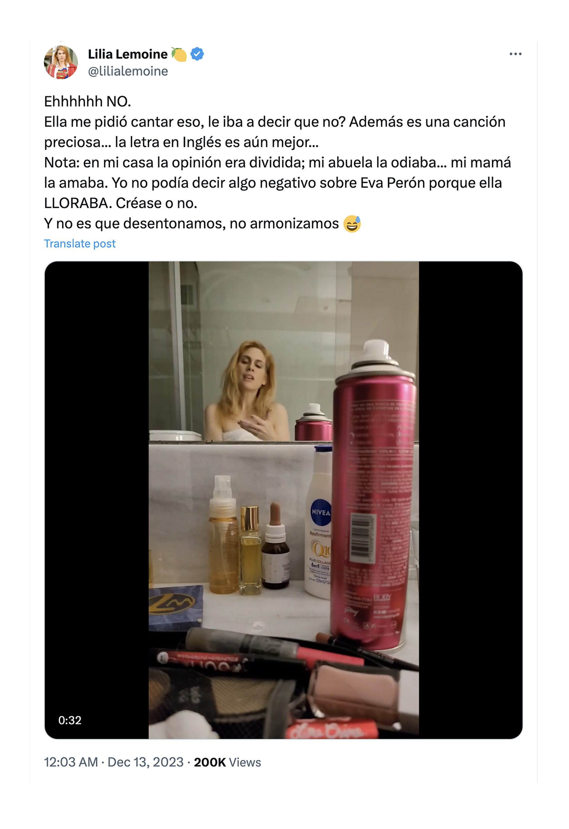 El video de Lilia Lemoine cantando en la bañera tras los anuncios de Caputo  que despertó críticas en las redes - Infobae