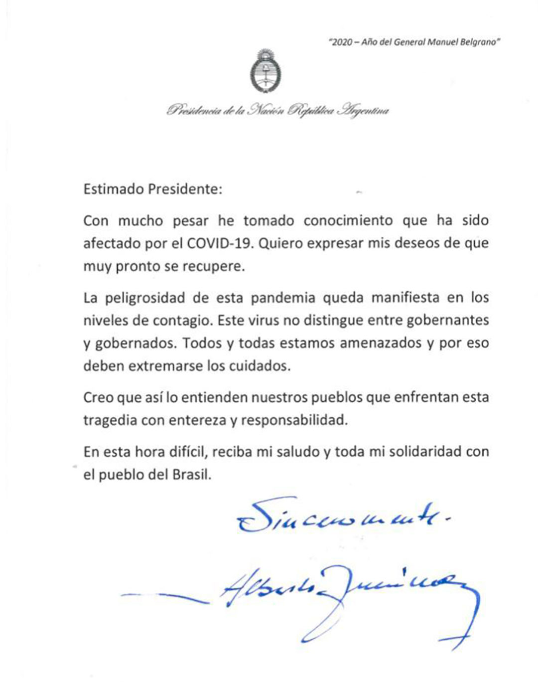 La carta que firmó de puño y letra el presidente Fernández