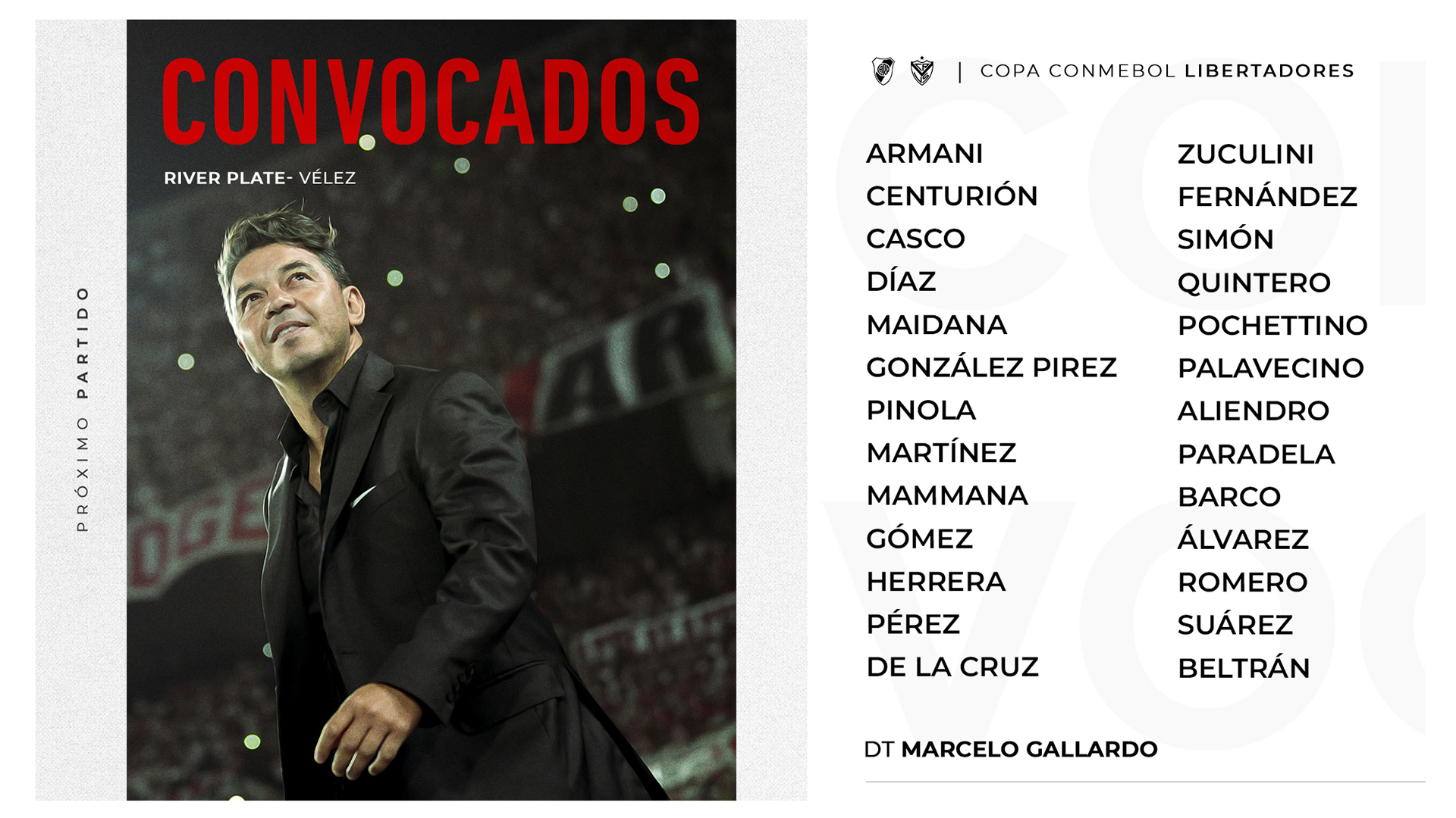 Los 26 nombres que concentró Marcelo Gallardo para recibir a Vélez (Foto: @RiverPlate)