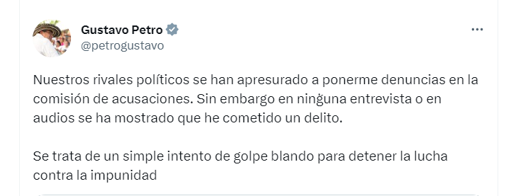 El presidente de la República reiteró que no hay prueba de la comisión de delitos por parte suya, tras el escándalo por los audios filtrados de Benedetti.
Twitter (@petrogustavo)