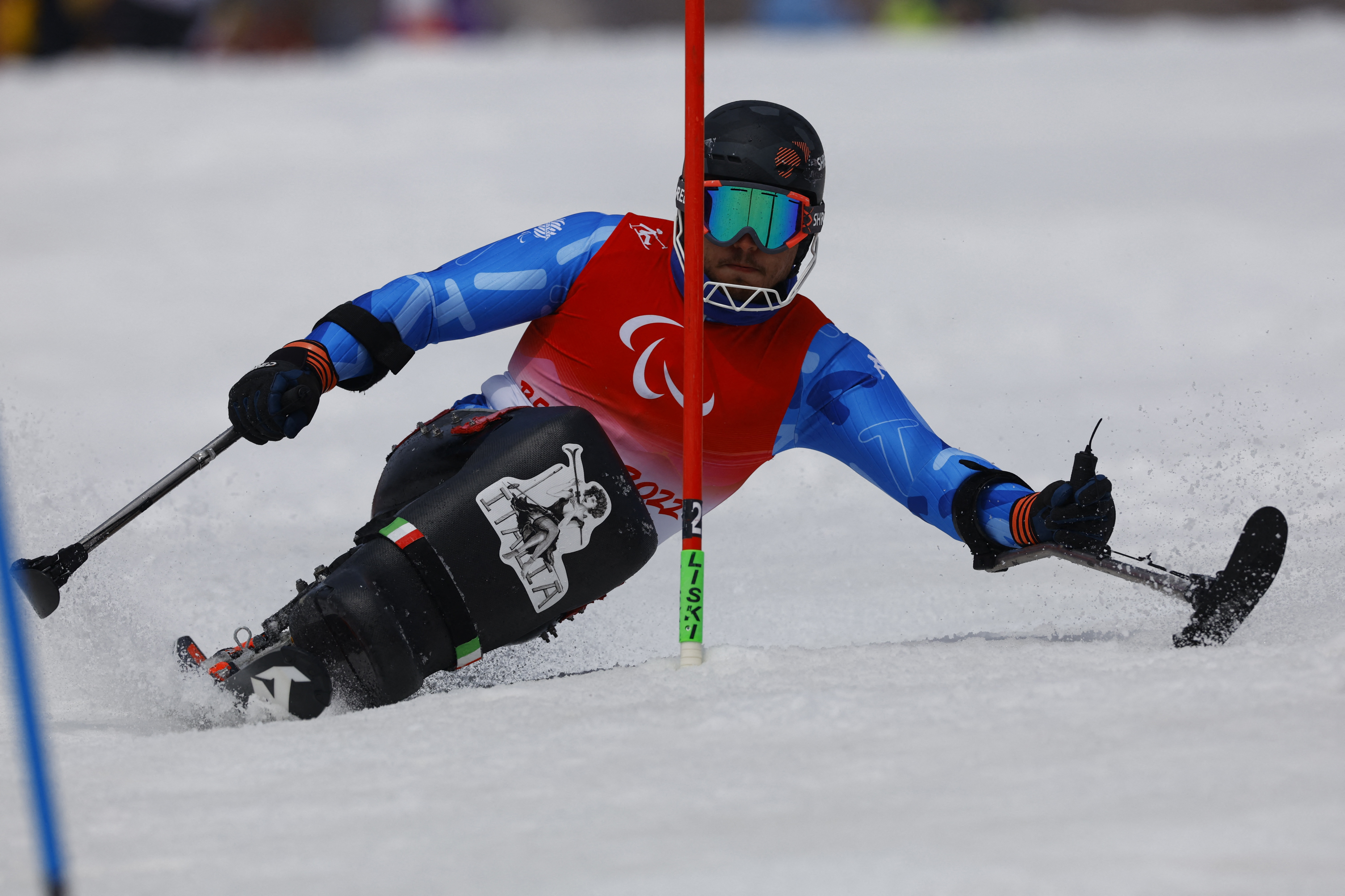 Beijing 2022 Winter Paralympic Games - Para Alpine Skiing - Men's Slalom Sitting - National Alpine Skiing Centre, Yanqing district, Beijing, China - March 13, 2022. Rene de Silvestro of Italy in action during the second run. REUTERS/Gonzalo Fuentes