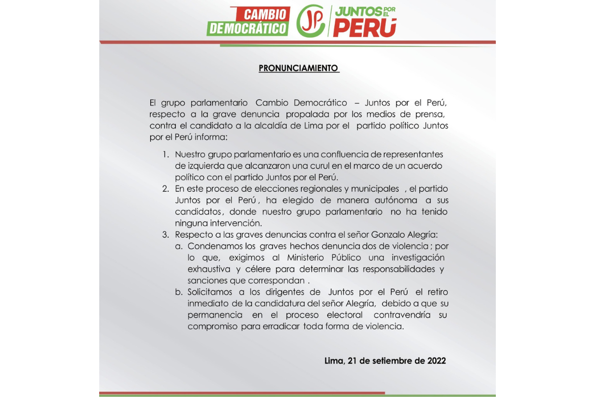 Pronunciamiento de la bancada Cambio Democrático-Juntos por el Perú sobre el caso Gonzalo Alegría.