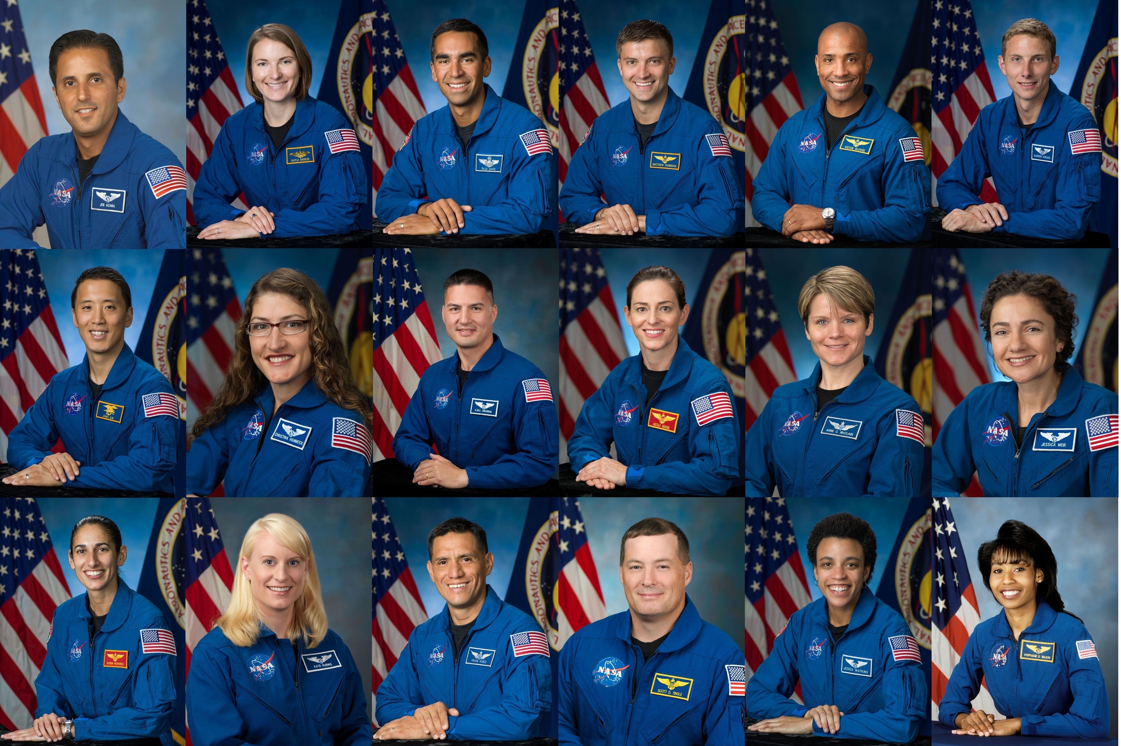 Combinación de fotografías oficiales cedidas por la NASA donde aparecen los 18 astronautas del programa Artemis (i-d de arriba abajo) Joseph Acaba, Kayla Barron, Raja Chari, Matthew Dominick, Victor Glover, Warren Hoburg, Jonny Kim, Christina Hammock, Kjell Lindgren, Nicole A. Mann, Anne McClain, Jessica Meir, Jasmin Moghbeli, Kate Rubins, Frank Rubio, SCott Tingle, Jessica Watkins y Stephanie Wilson. (EFE/NASA)
