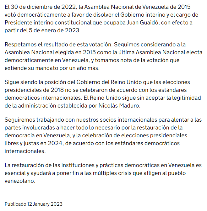 La declaración del Ministro para América y el Caribe, David Rutley, sobre Venezuela