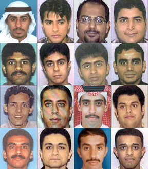 16 de los 19 terroristas: Salem Al-Hazmi, Ahmed Al Nami, Marwan Al Shehhi, Hamza Al Ghamdi, Nawal Al Hazmi, Saaed Al Ghamdi, Mohand al Shehri, Fayez Banihammad, Majed Moqed, Ziad Jarrah, Ahmed al Ghamdi, Waleed al Shehri, Khalid al Mihdhar, Mohamed Atta, Ahmed al Haznawi y Satam al Suqami