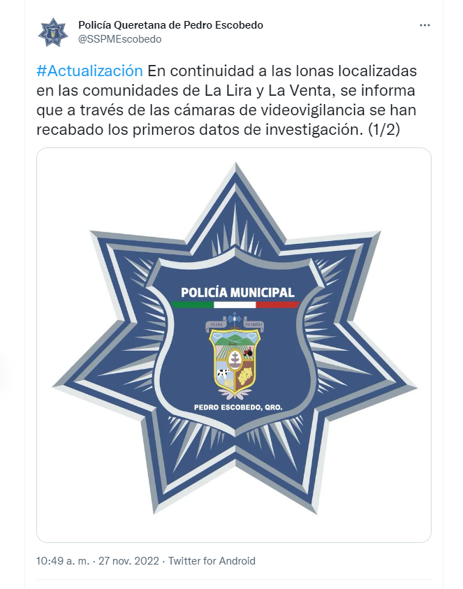 La Policía Queretana de Pedro Escobedo informó a través e su cuenta de Twitter que revisaron grabaciones para reunir información 
(Foto: captura de pantalla/Twitter/@SSPMEscobedo)