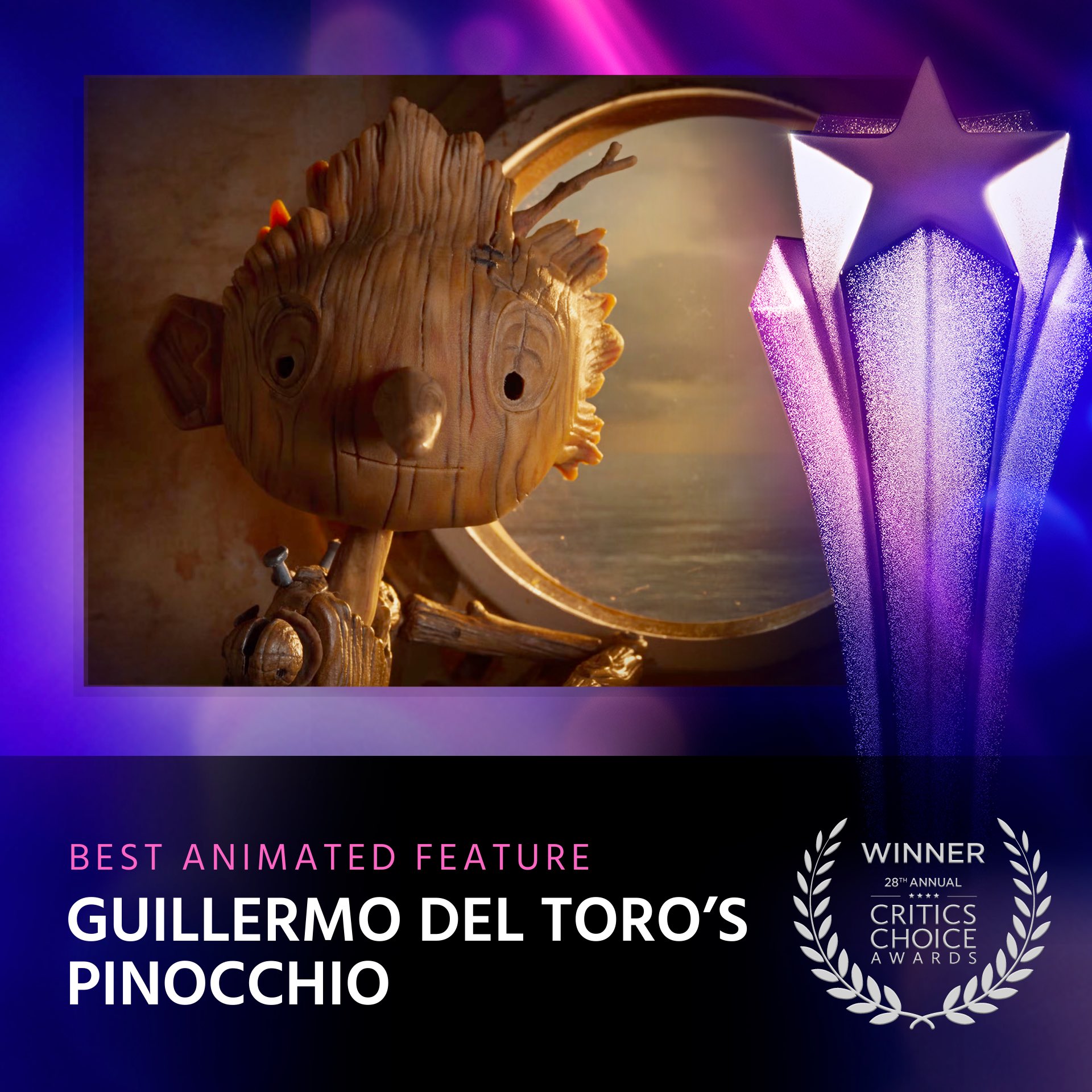 Guillermo del Toro ganó mejor película animada con "Pinocho" (Twitter/@CriticsChoice)