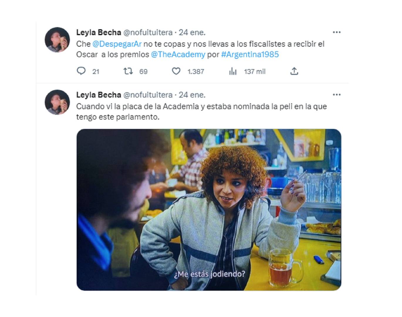 Los divertidos mensajes de Leyla Bechara en Twitter cuando salió la nominación a los Oscar
