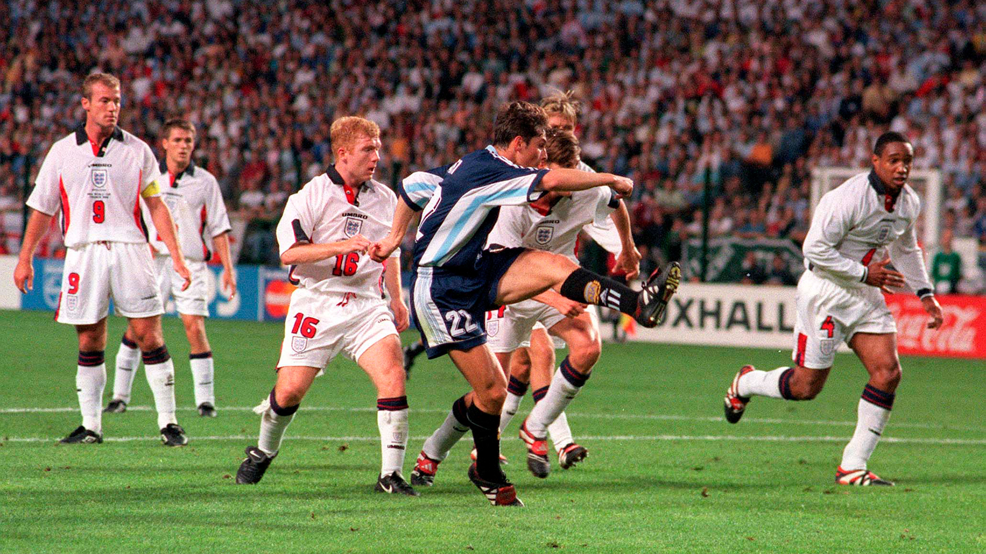 Mandatory Credit: Photo by Colorsport/Shutterstock (3116856a)Javier Zanetti (Argentina) scoes his goal as the England players can only watch England v Argentina 30/6/98 World Cup Finals 1998 WC1998 R2: England 2 Argentina 2* (pens)Sport
