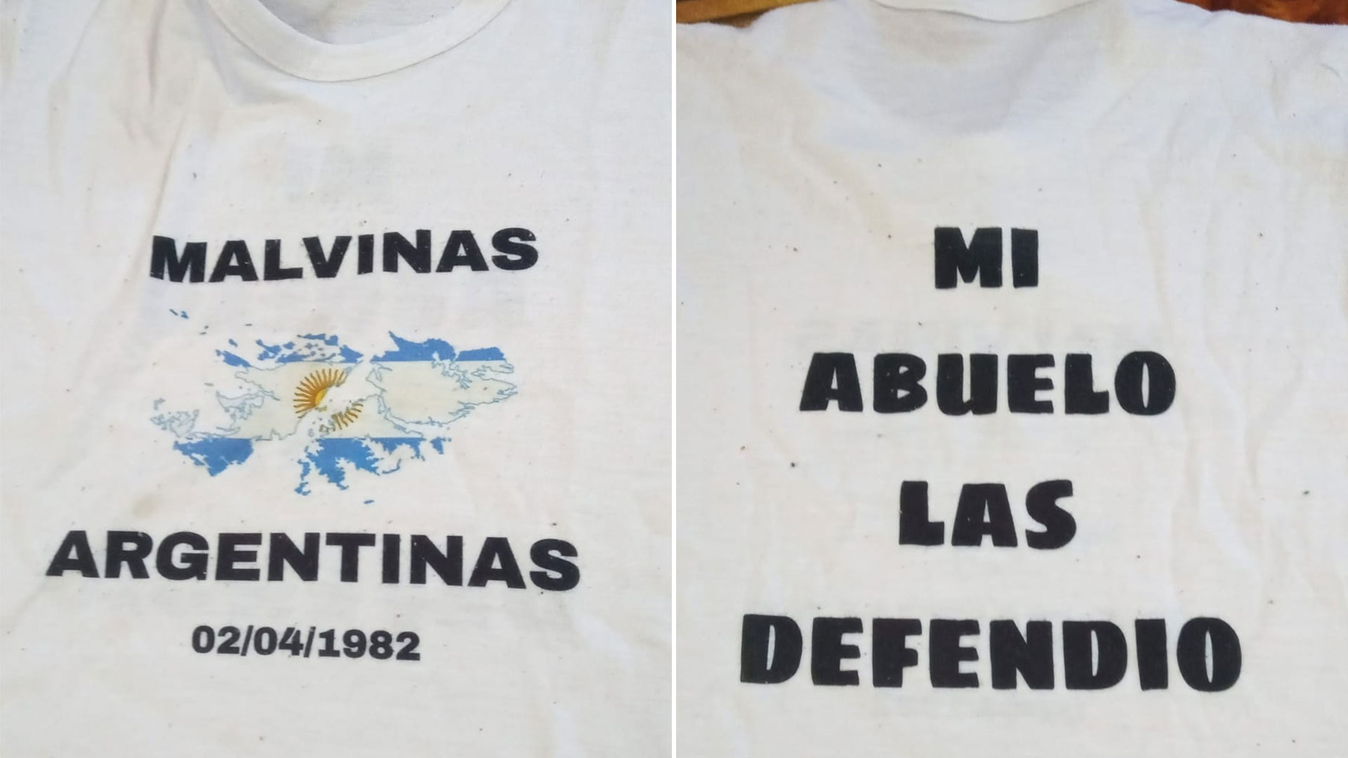 Unas de las remeras que usó Agustín en el acto de homenaje a los Caídos de Malvinas. Su mamá las manda a estampar especialmente para el 2 de abril 