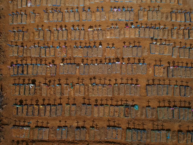 Vista cenital de las cruces que proyectan sombras en el cementerio de Parque Taruma, durante el brote de la enfermedad coronavirus (COVID-19), en Manaos, Brasil. 15 de junio de 2020. Foto tomada con un drone. REUTERS/Bruno Kelly/