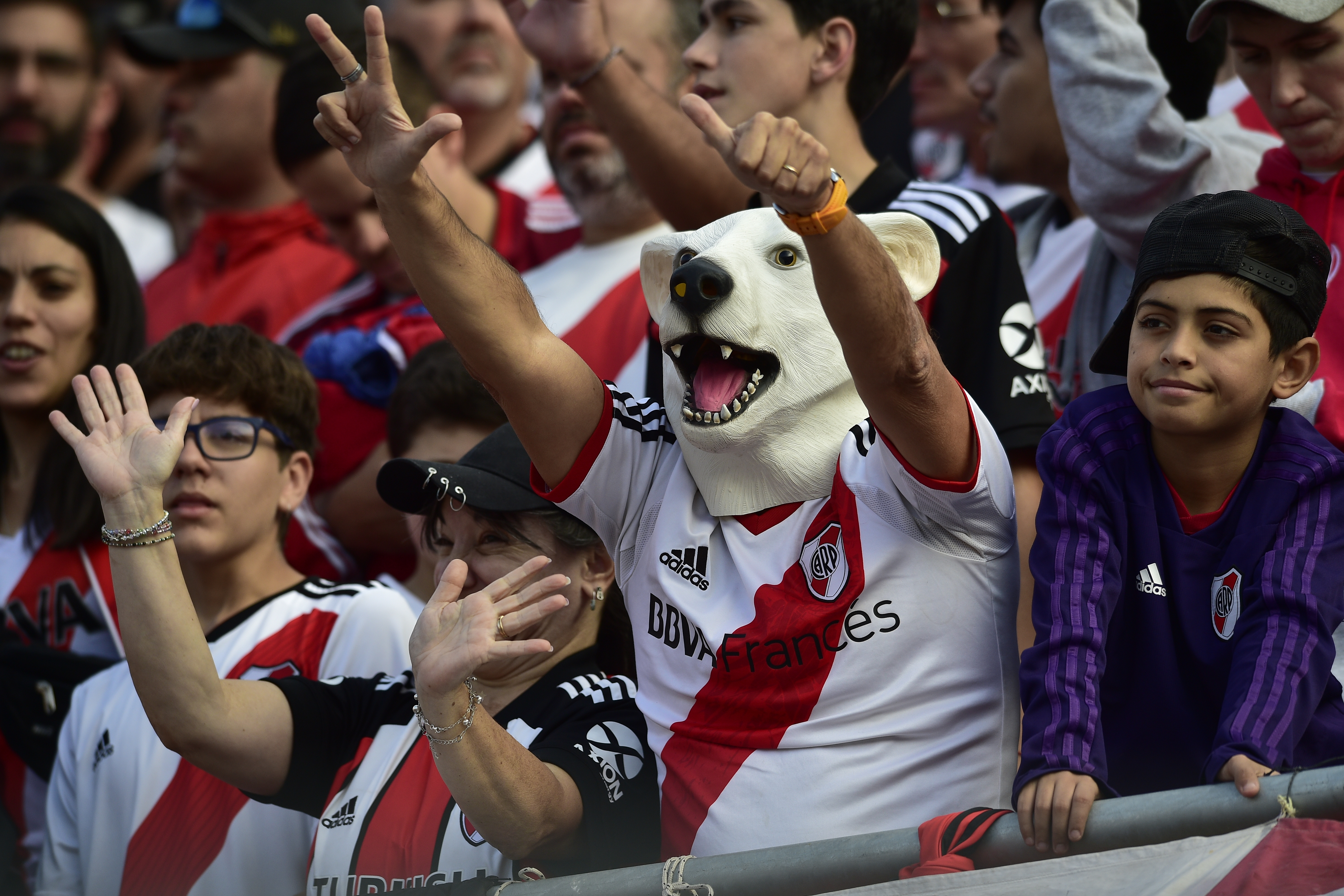 River Plate fans cheer before the start of a league match against Boca Juniors, at the Monumental stadium, in Buenos Aires, Argentina, on May 7, 2023. (AP Photo/Gustavo Garello)