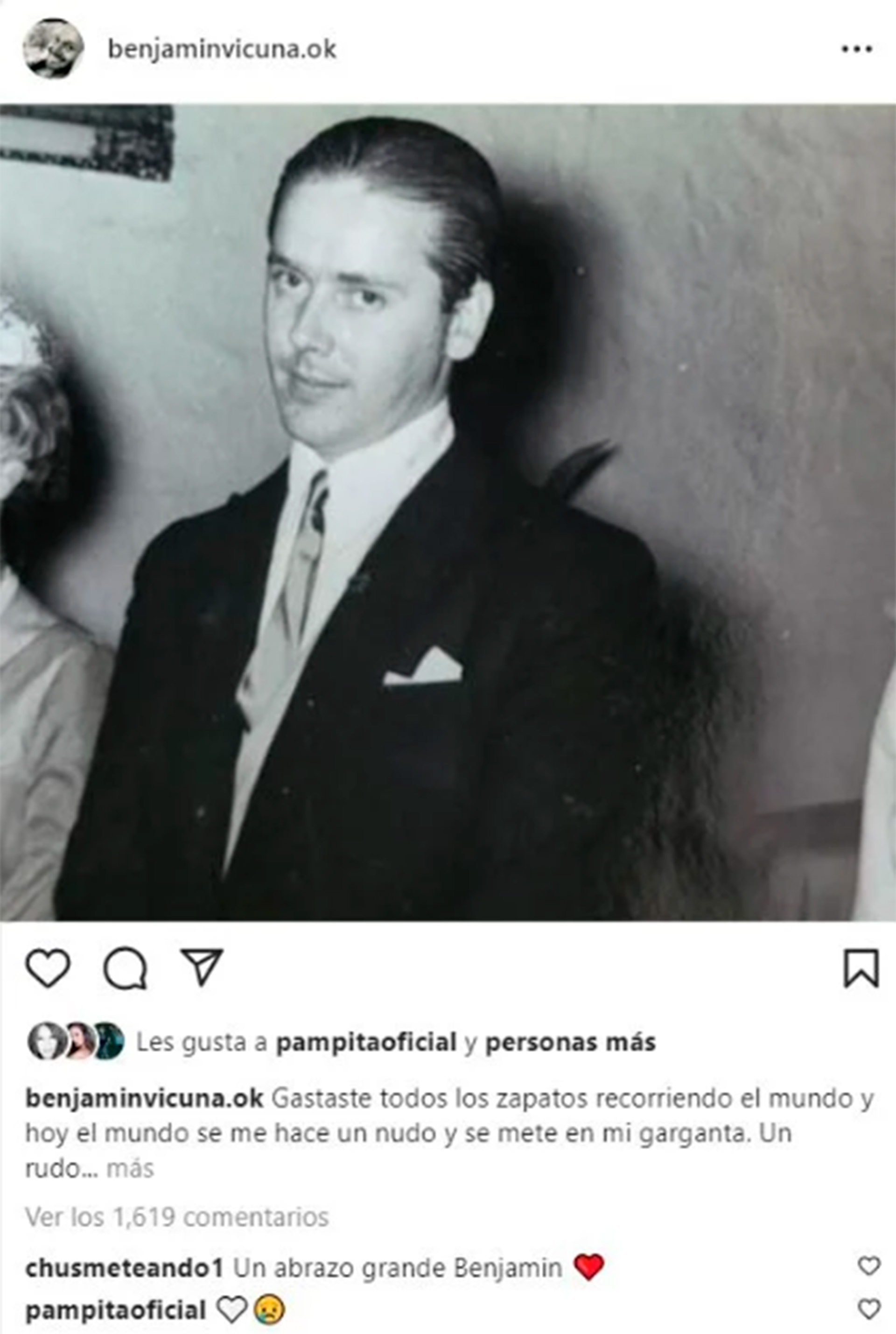 El mensaje de Pampita en la publicación de Benjamín Vicuña anunciando el fallecimiento de su padre (Foto: Instagram)