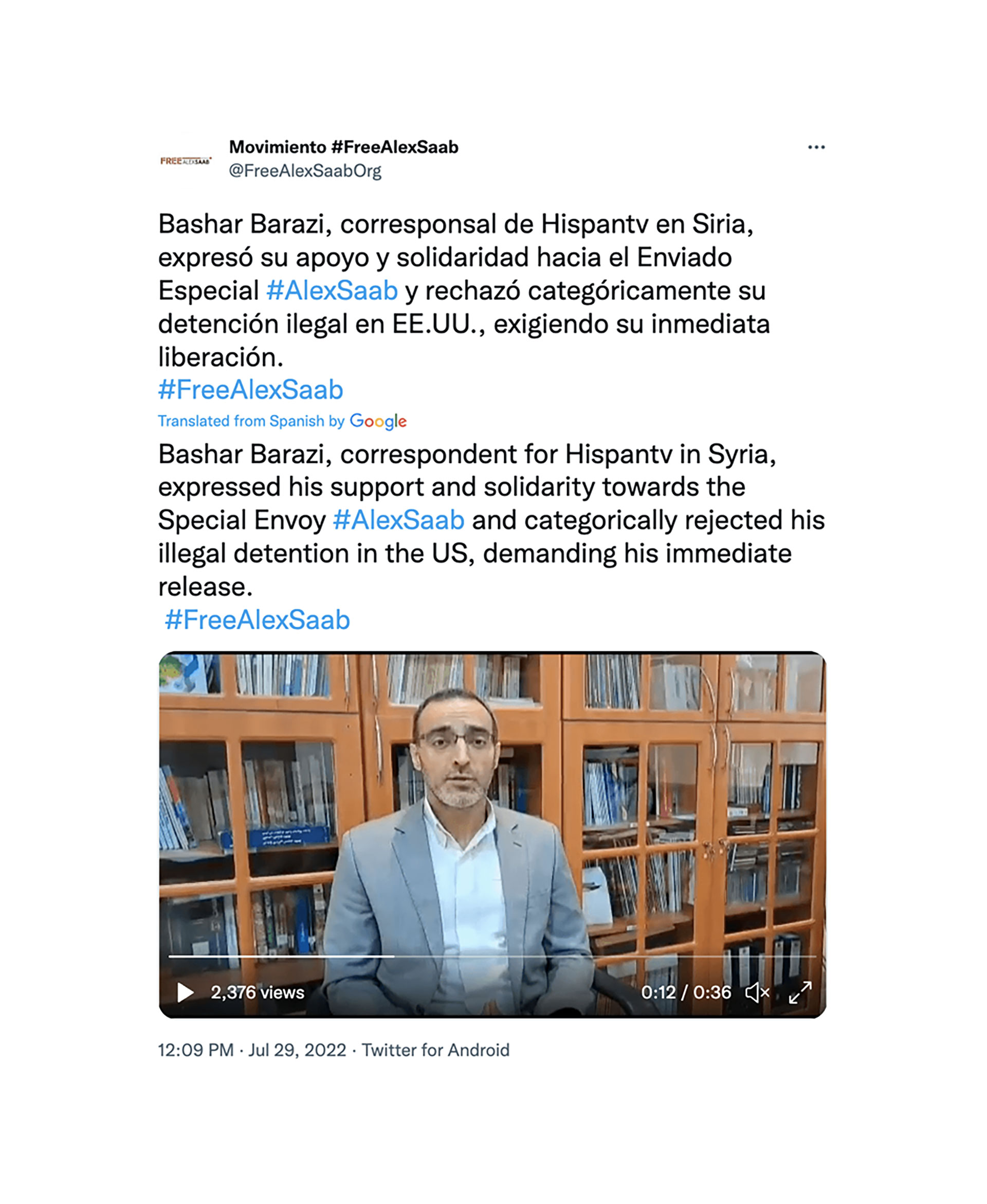 aptura de pantalla de la publicación en las redes sociales del movimiento "Free Alex Saab" en la que aparece el periodista de HispanTV Bashar Barazi  (Recorded Future)