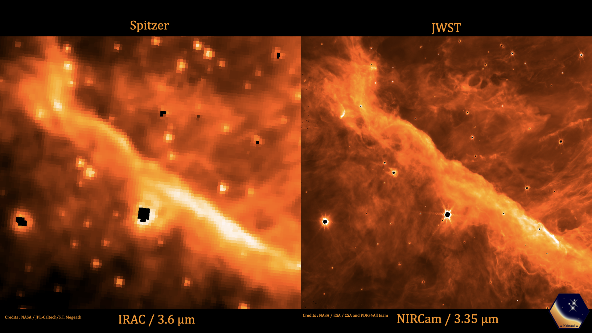 Orion-tåken: James Webb-romteleskopet og Spitzer-romteleskopet (NASA)