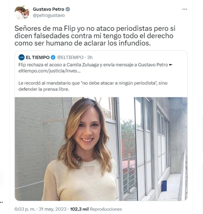 En su cuenta de Twitter, el expresidente de la República, Gustavo Petro, se pronunció tras las denuncias hechas por la periodista Camila Zuluaga y el pronunciamiento de Flip.