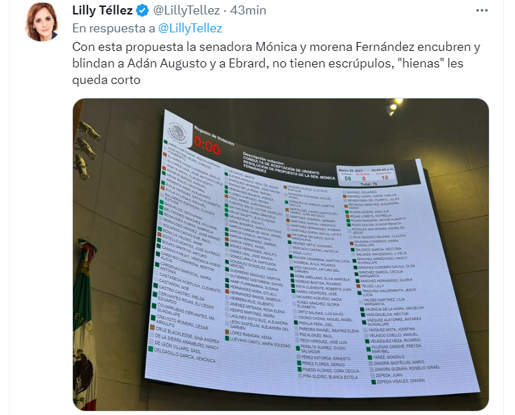 Téllez acusó a Mónica Fernández Balboa de blindar a Marcelo Ebrard y Adán Augusto López Hernández (Twitter @LillyTellez)