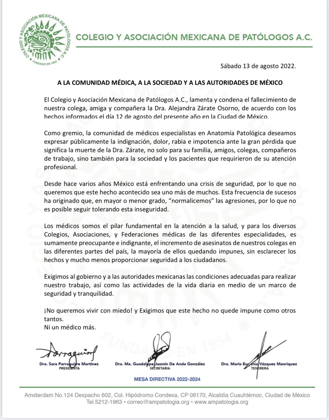 The Pathological Anatomy Guild issued a statement (Photo: Twitter/ @MarcelaSaebL)