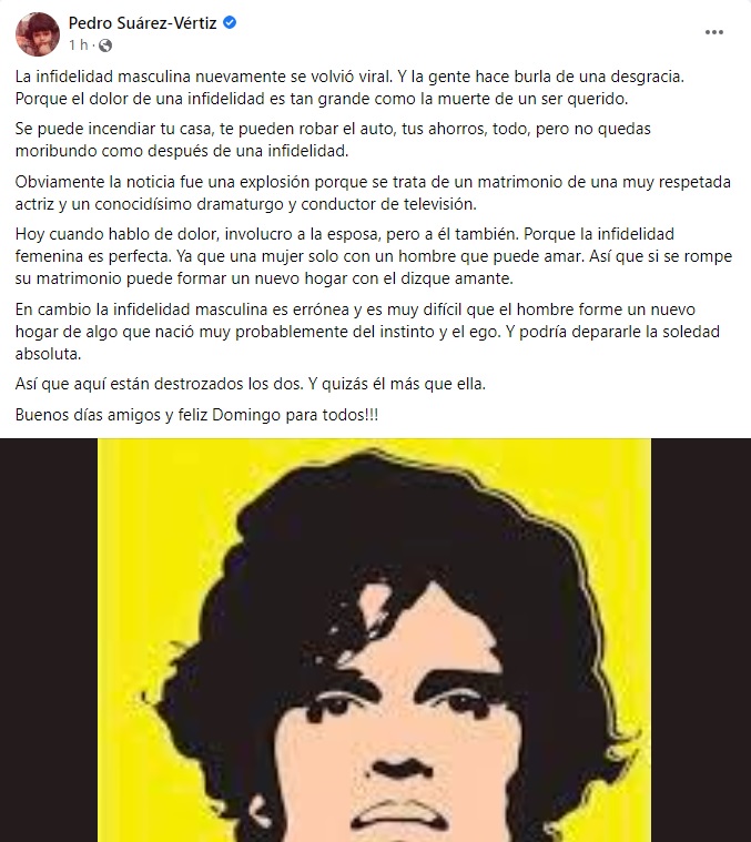 Pedro Suárez Vértiz y su post sobre Aldo Miyashiro y Érika Villalobos. (Foto: Facebook)