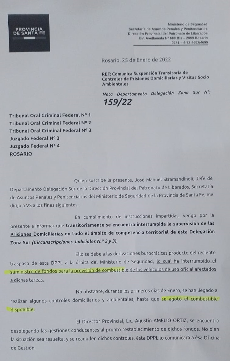El documento interno mediante el cual se oficializó la suspensión de los controles de prisiones domiciliarias