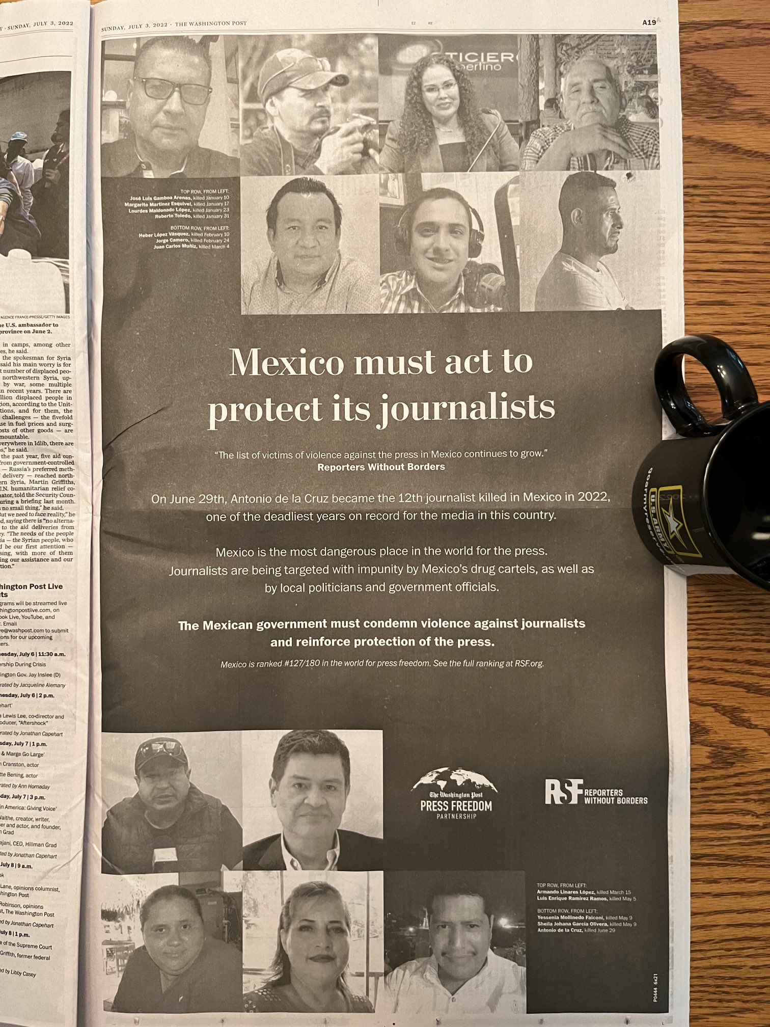 En el pronunciamiento se observan retratos de los 12 periodistas que han sido asesinados en el 2022. (Foto: Twitter @ericfarns)