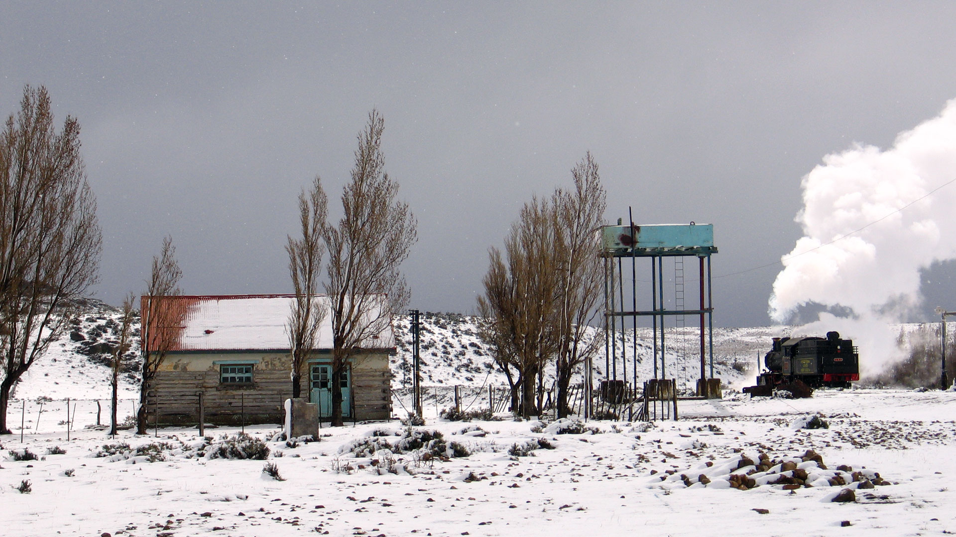 Una de las postales de La Trochita, en medio de un paisaje nevado