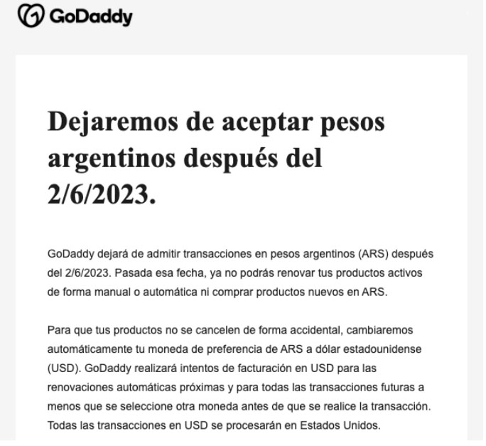 Así es el mail que recibieron los usuarios de GoDaddy en Argentina