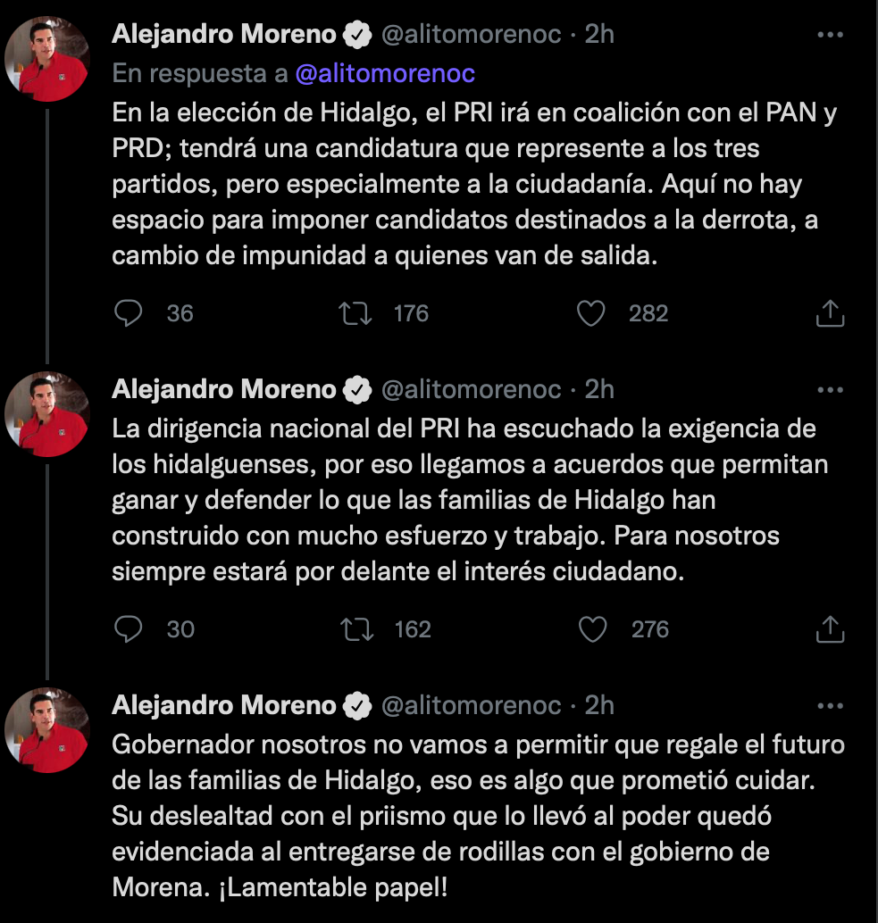 El dirigente del PRI aseveró que el actual gobernador de Hidalgo se entregó de rodillas a Morena (Foto: Twitter/@alitomorenoc)