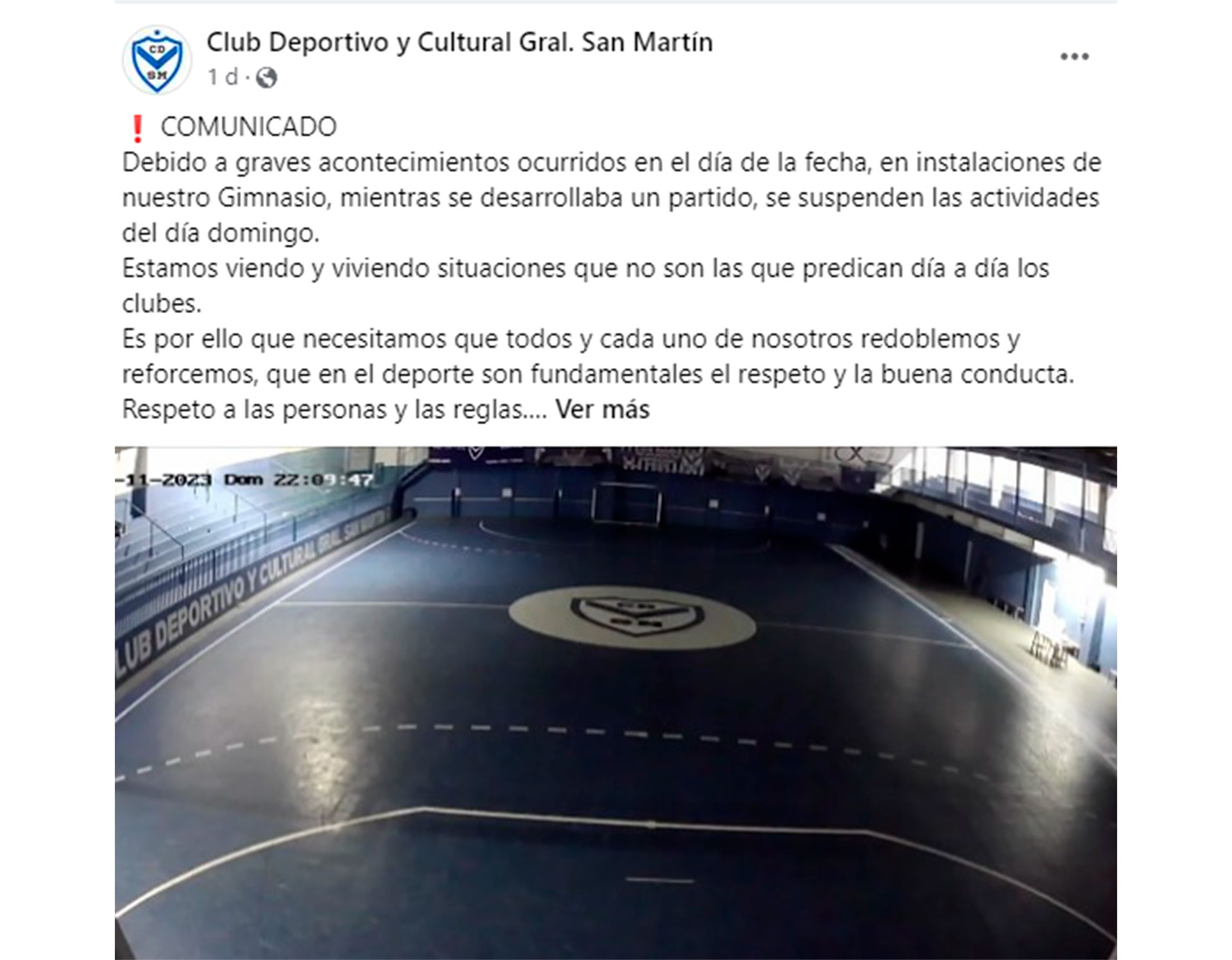 El comunicado del Club Deportivo y Cultural San Martín de Río Grande donde se jugó el partido (Foto: Facebook)