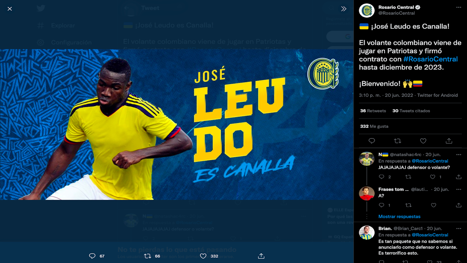 José Leudo is announced as Rosario Central's new signing in the 2022 summer transfer market / (Twitter: @RosarioCentral)