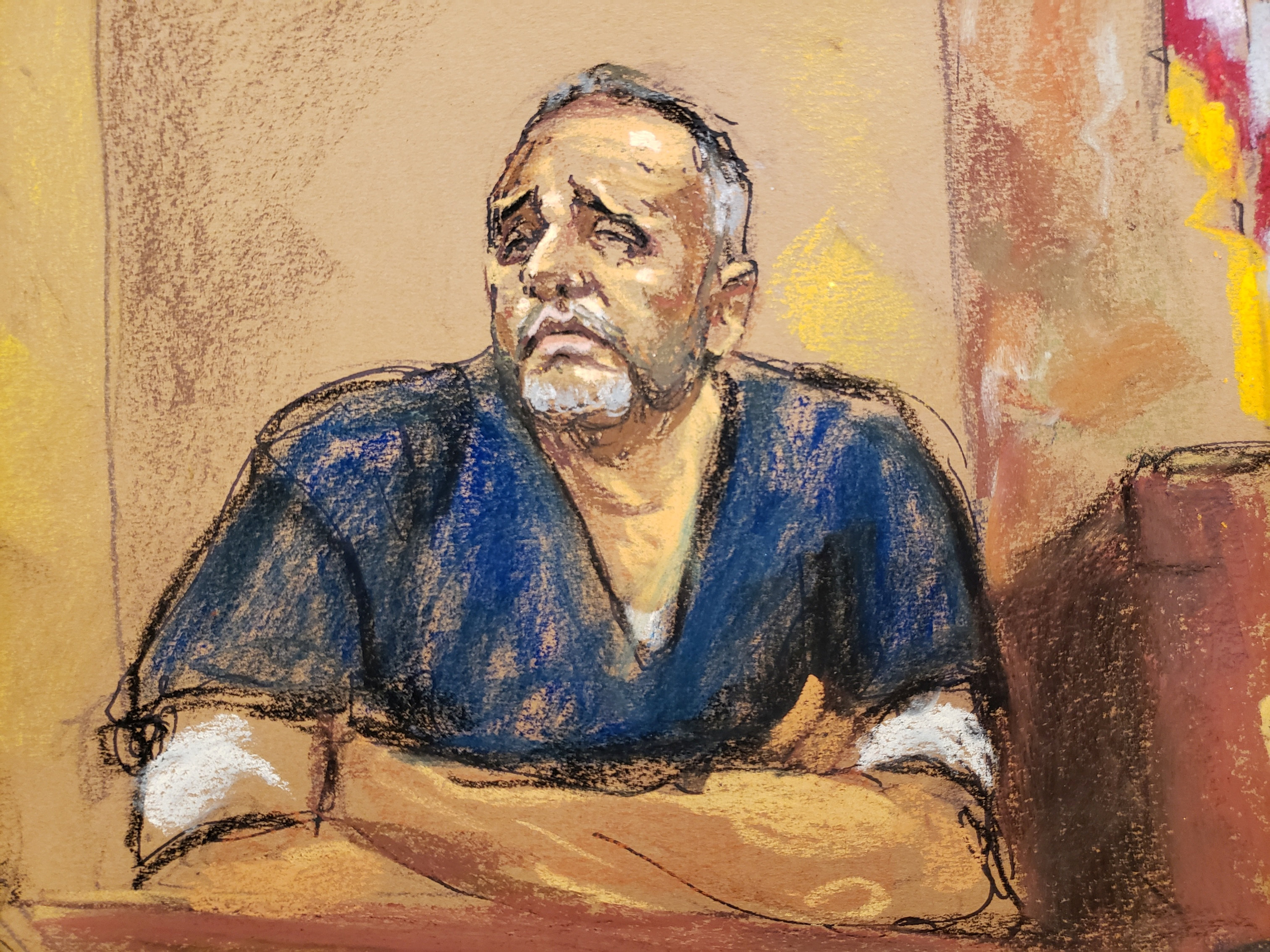 Alex Cifuentes, a close associate of the accused Mexican drug lord Joaquin "El Chapo" Guzman (not shown) is seen testifying in this courtroom sketch in Brooklyn federal court in New York, US, January 15, 2019. REUTERS/Jane Rosenberg NO RESALES.  DO NOT ARCHIVE