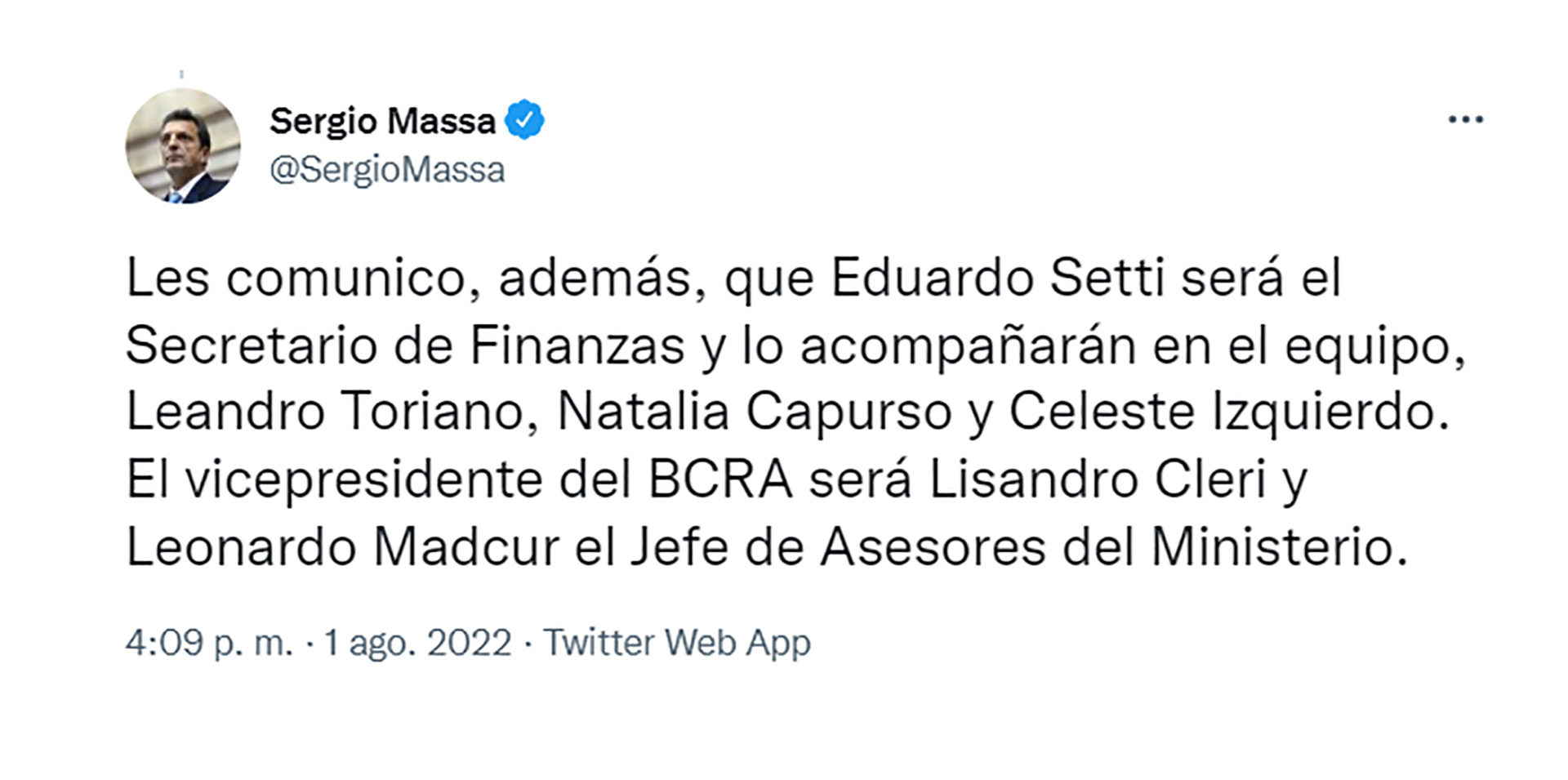 La confirmación de Massa de la llegad de Cleri al BCRA