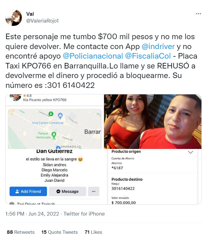 Valeria Rojas denunció que pagó por error 700 mil al conductor del taxi y ahora no le quiere devolver el dinero