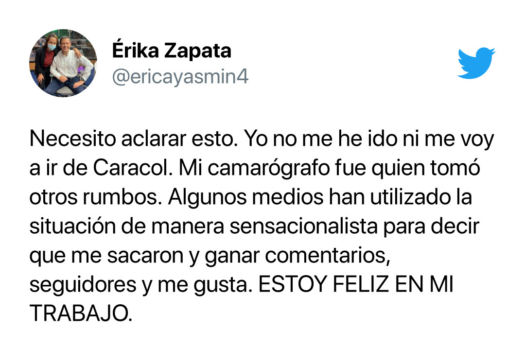 El trino con el que Érika Zapata aclaró que no ha salido de Noticias Caracol