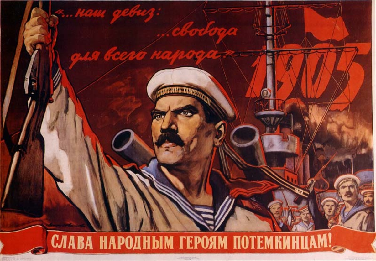 Cartel de propaganda mostrando el levantamiento de la tripulación del buque Potemkin en 1905, un hecho que Lenin consideró como el preludio de la revolución rusa de 1917.