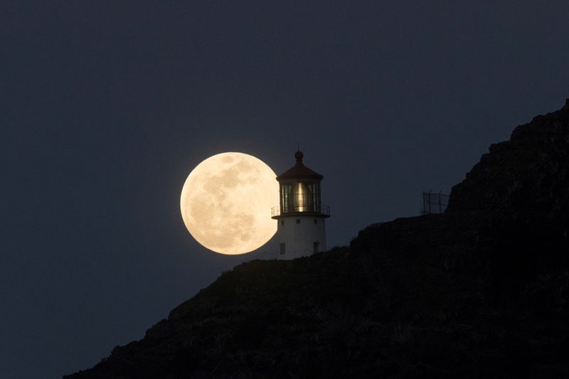 The giant moon behind the Macapu Lighthouse, Honolulu, Hawaii, USA, May 26, 2021. REUTERS/Marco Garcia