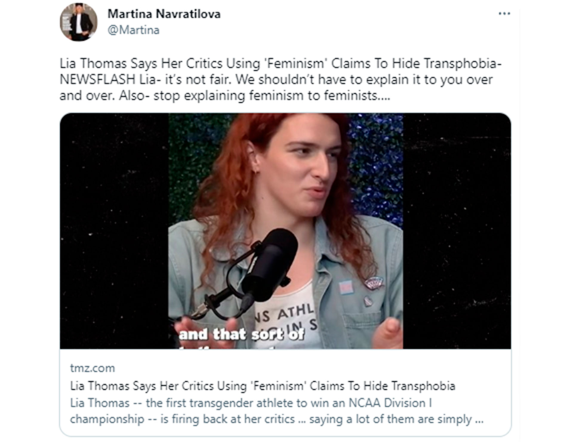 La publicación en Twitter de Martina Navratilova contra Lia Thomas.