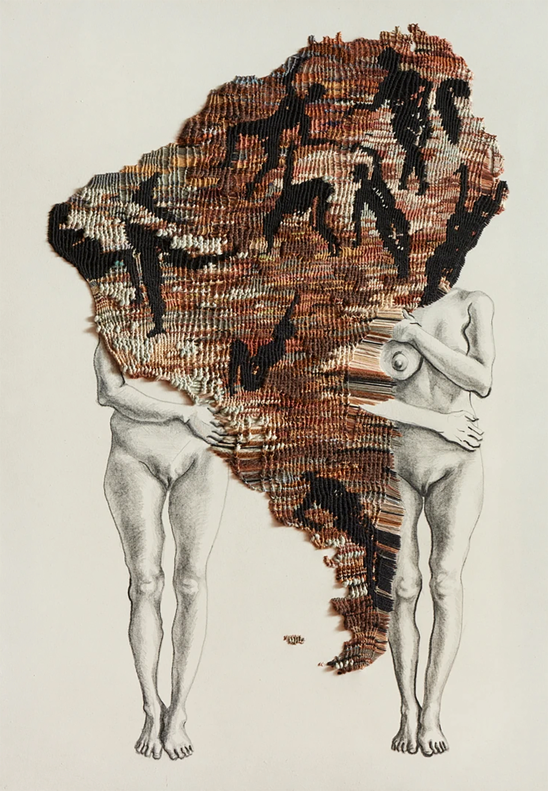 "Sobre cuerpas fronterizas". Apropiación de tejido anillado Paracas-Nazca sobre dibujo. 2018. 70 x 100 cm