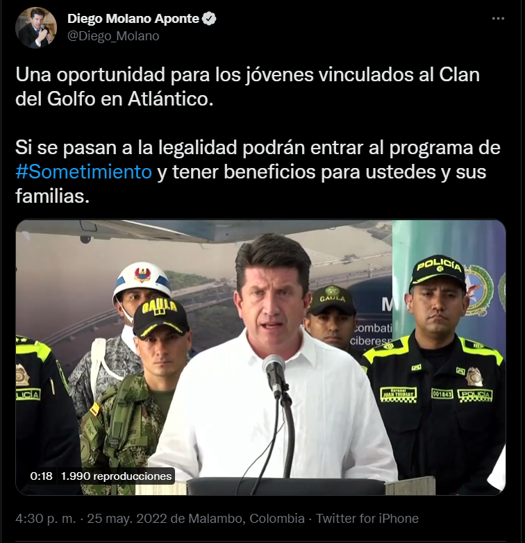 Este miércoles el ministro de Defensa, Diego Molano, anunció un plan de sometimiento para jóvenes integrantes del Clan del Golfo en Bolívar y Atlántico.
FOTO: vía Twitter (@Diego_Molano)