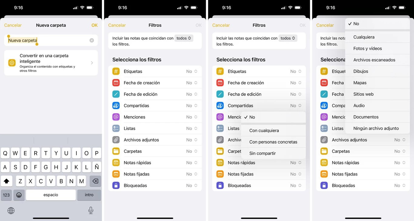 Configuración de filtros en carpetas inteligentes en la app de Notas de iPhone (applesfera)