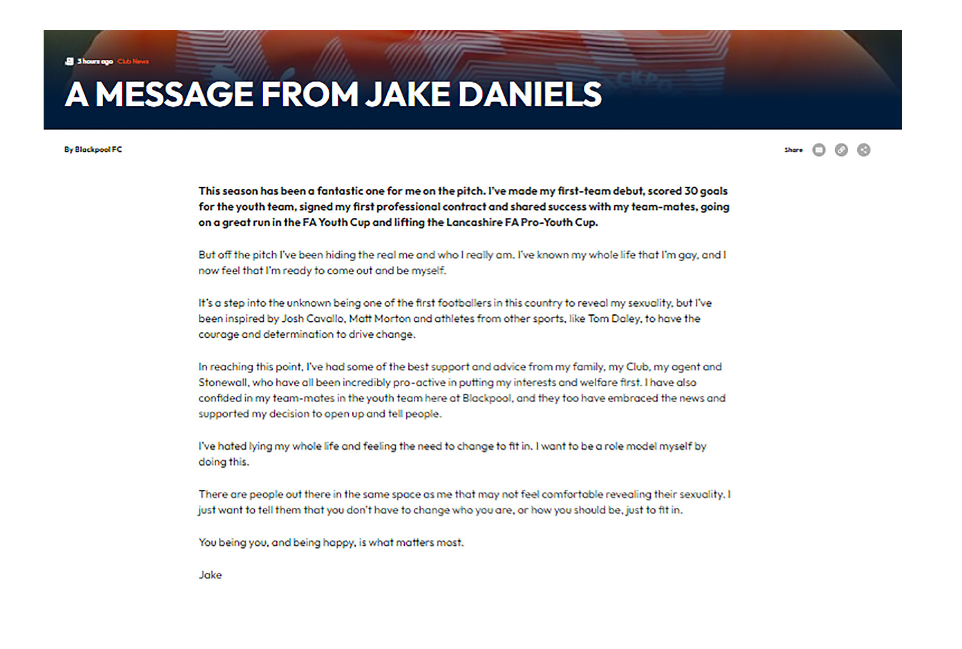 Scrisoarea lui Jake Daniels a fost postată pe site-ul Blackpool