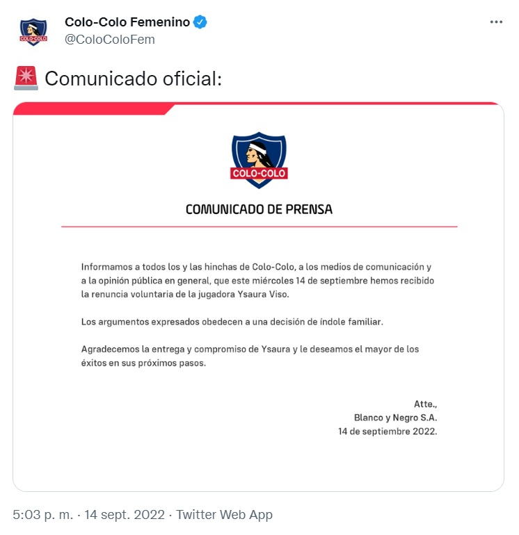 Comunicado de Colo Colo en su cuenta de Twitter, informando la renuncia de Viso