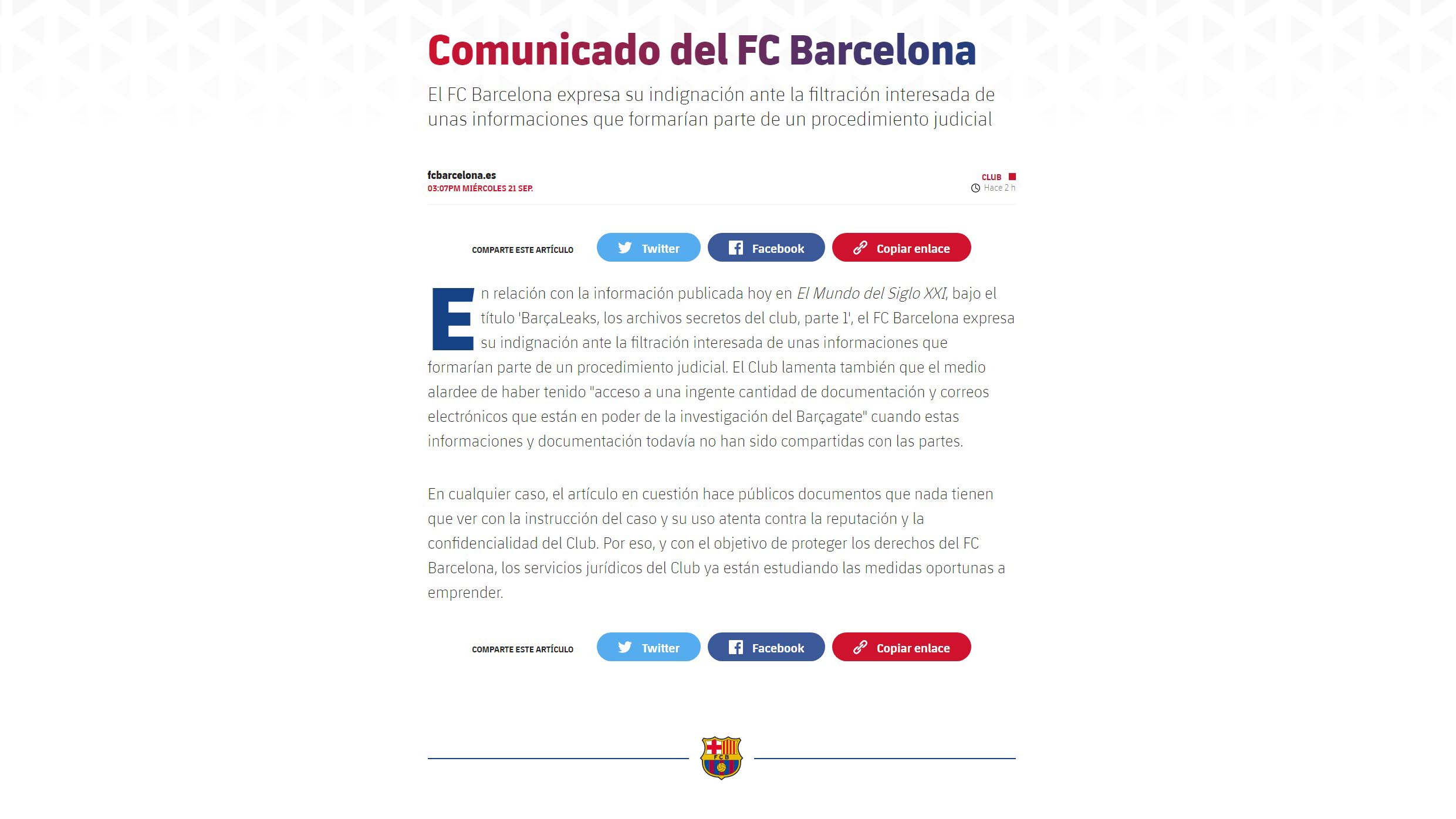 El comunicado del Barcelona