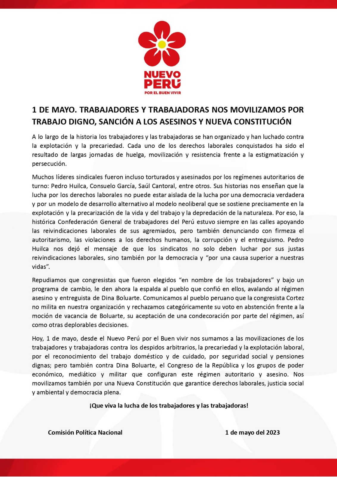 Comunicado de Nuevo Perú sobre el caso de la congresista Isabel Cortez.