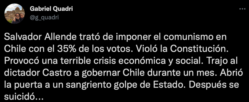Gabriel Quadri aseguró que el golpe de Estado en Chile fue culpa de Salvador Allende (Foto: Twitter/@g_quadri)