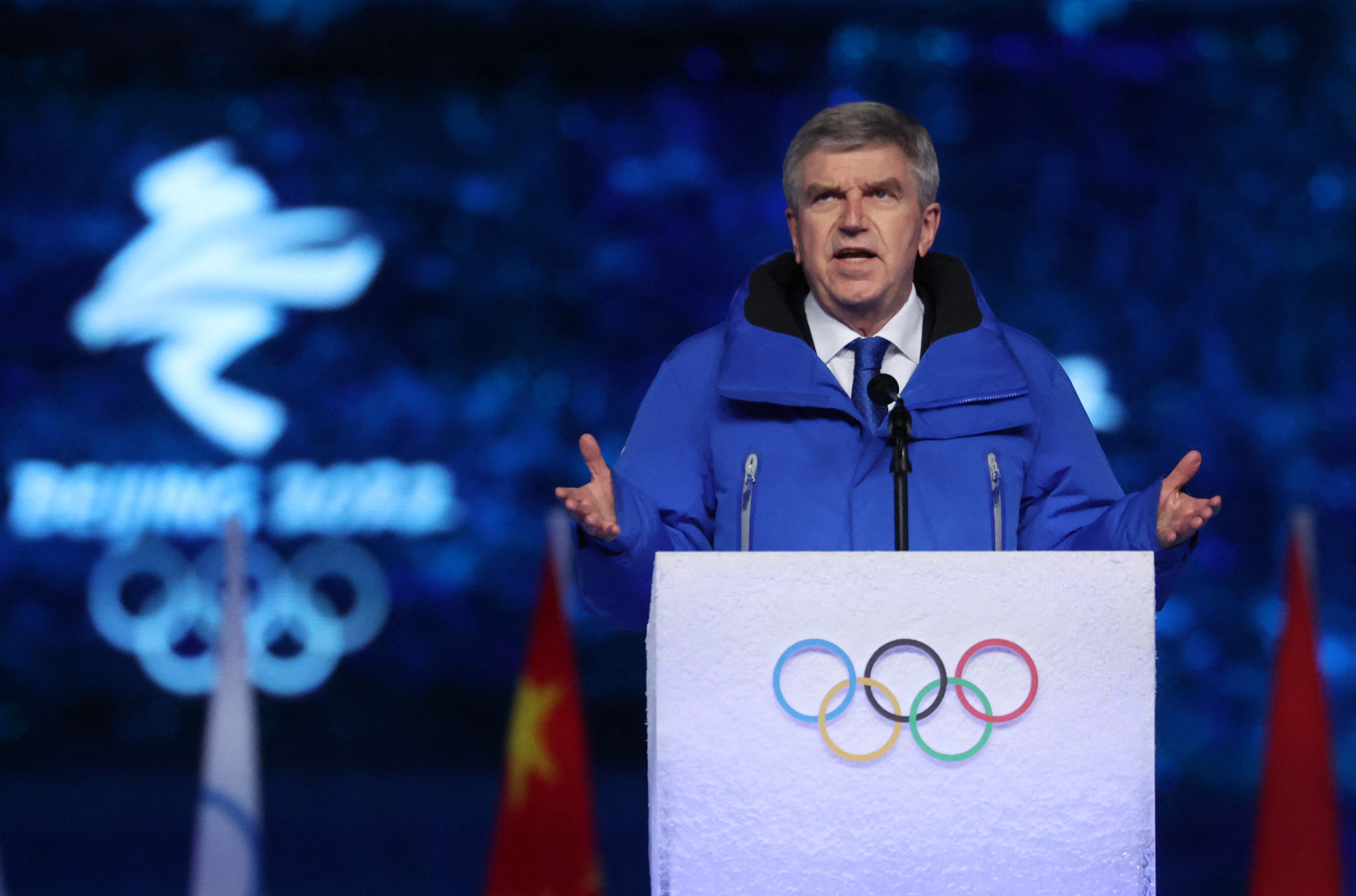 2022 Beijing Olympics - Closing Ceremony - National Stadium, Beijing, China - February 20, 2022. International Olympic Committee (IOC) President Thomas Bach gives a speech during the closing ceremony. REUTERS/Phil Noble