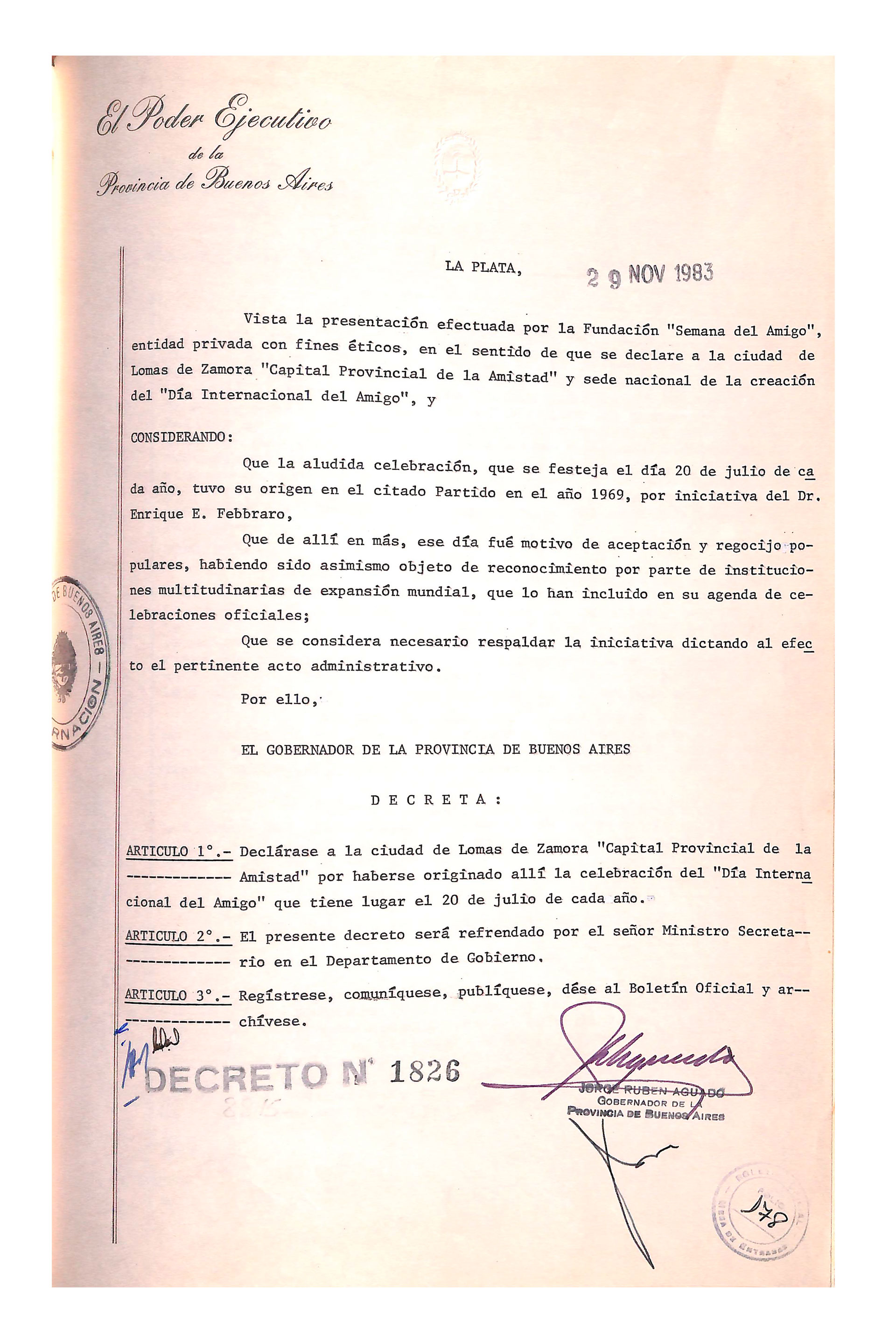 El decreto de la provincia de Buenos Aires que estableció en 1983 que "la capital provincial de la amistad" era Lomas de Zamora