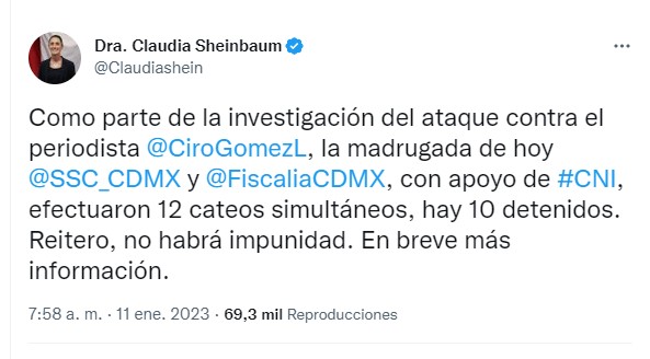 Claudia Sheinbaum informó sobre la detención de los primeros posibles implicados en el atentado contra el periodista Ciro Gómez Leyva (Foto: Twitter@Claudiashein)
