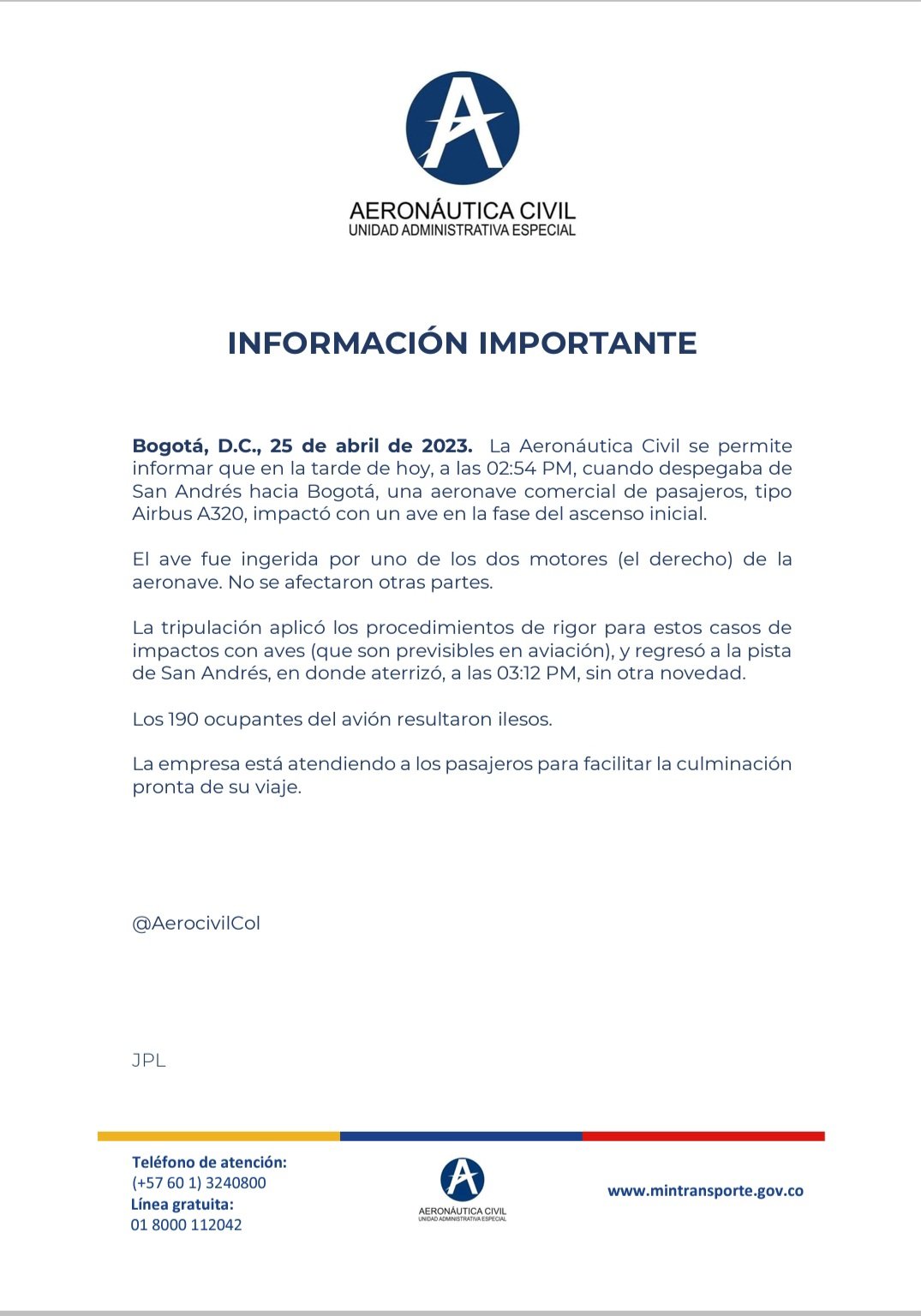Comunicado a la opinión pública sobre incidente de aeronave en el Aeropuerto de San Andrés por impacto de ave. Cortesía 
Aeronáutica Civil de Colombia.